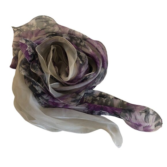 Dual White Sheer Lightweight Scarf with Purple Gray Floral 10x92 in Versatile - Picture 6 of 7